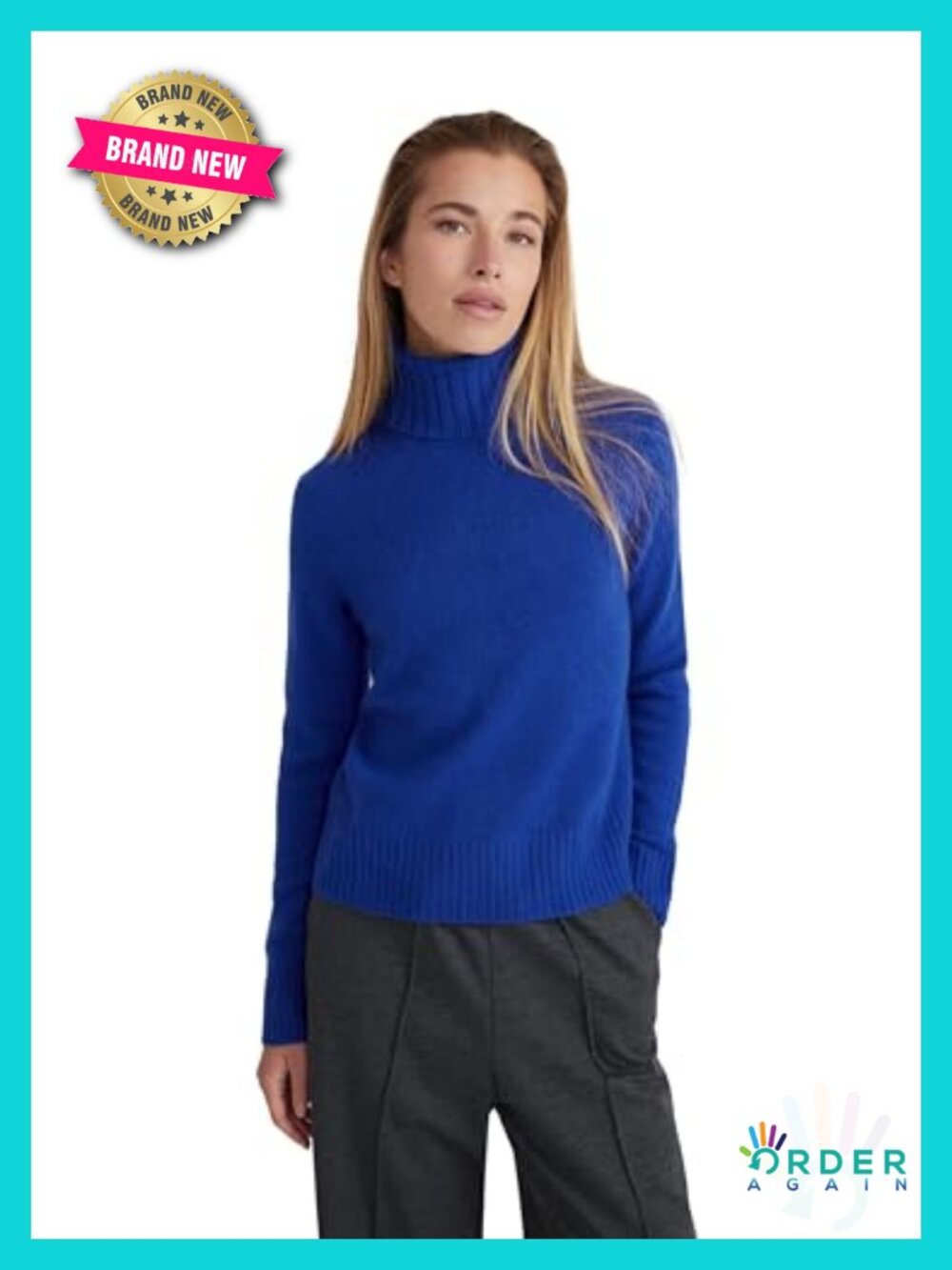 100% Cashmere Boxy Turtleneck Pullover Sweater Long Sleeve